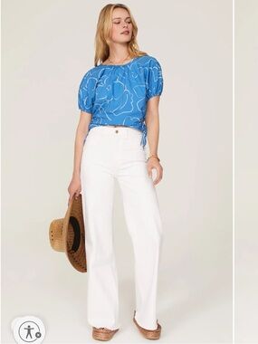 Madewell Signature Poplin Puff Sleeve Cut Out Blouse Abstract Blue Floral Small
